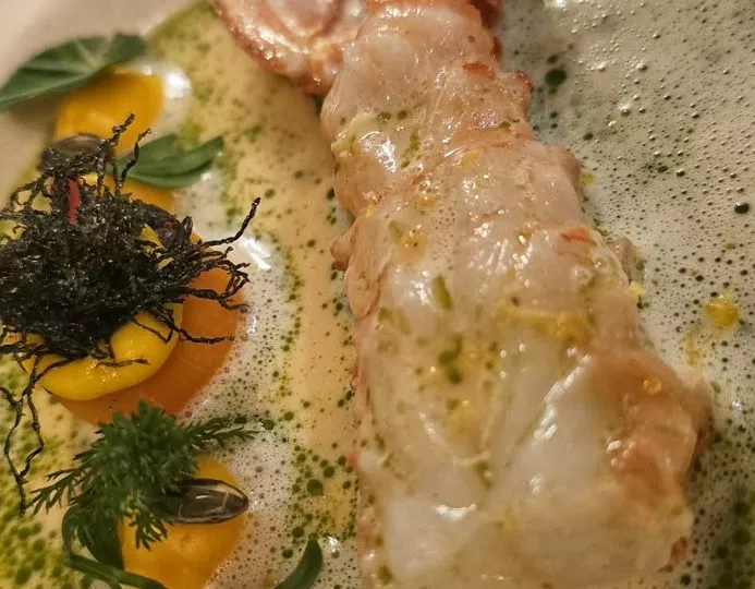 Langoustine, sauce mousseuse et billes jaunes, L'Horizon (visite 2025)