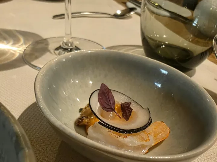 Assiette creuse avec poisson cru, disque noir et feuilles de shiso violettes, chez Luma